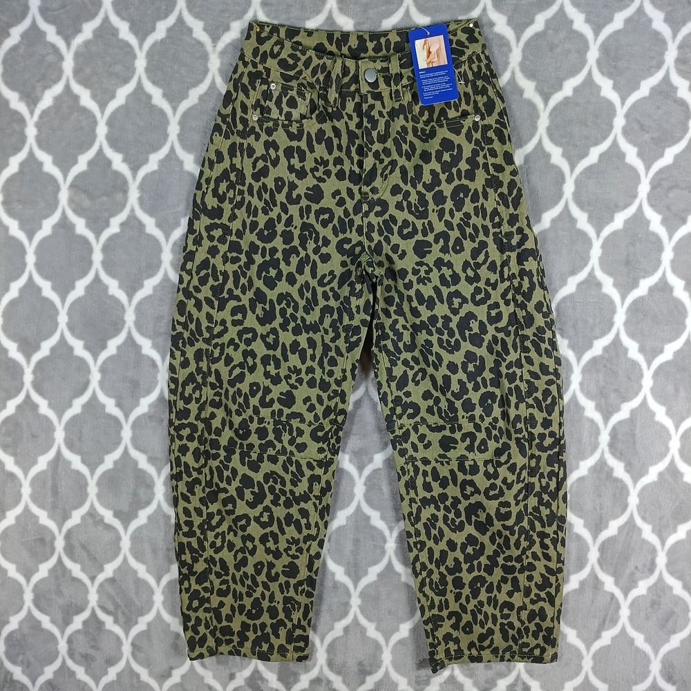 Barrel Leg Jeans Women Extra Small Green Black Leopard Cheetah Print Baggy
